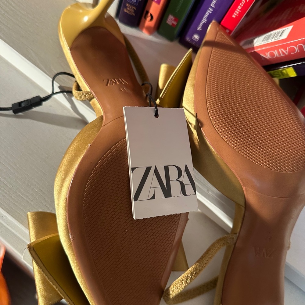 ZARA Gold Satin Bow-Detail Slingback Heels